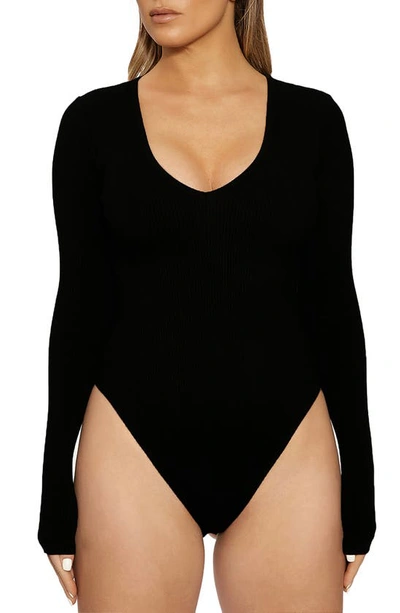 Shop Naked Wardrobe Long Sleeve Stretch Jersey Bodysuit In Black