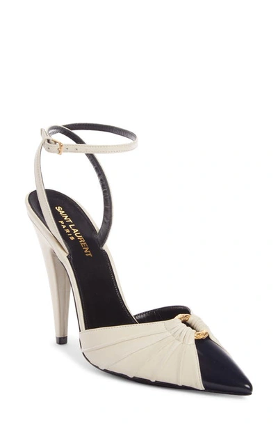 Shop Saint Laurent Alma Pointed Toe Pump In Pearl/ Navy