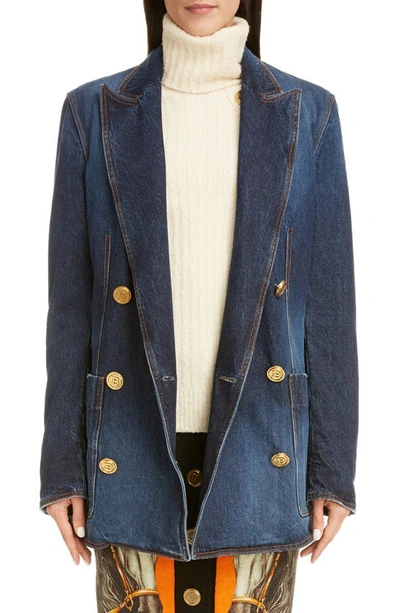 Shop Balmain Double Breasted Denim Boyfriend Jacket In 6kd Bleu Jean Brut