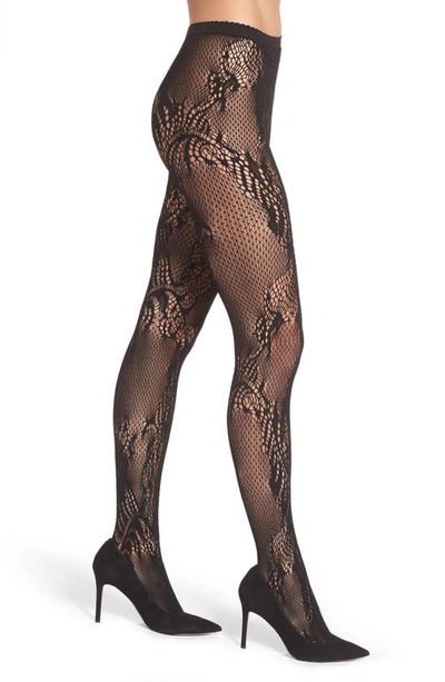 Shop Natori Feather Lace Fishnet Tights In Black