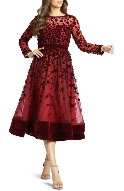 Shop Mac Duggal Long Sleeve Fit & Flare Velvet Embellished Cocktail Dress In Burgundy