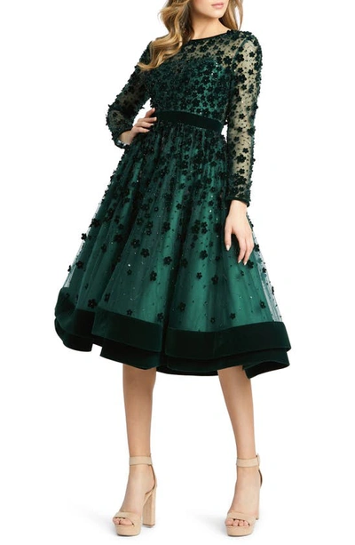 Shop Mac Duggal Long Sleeve Fit & Flare Velvet Embellished Cocktail Dress In Emerald