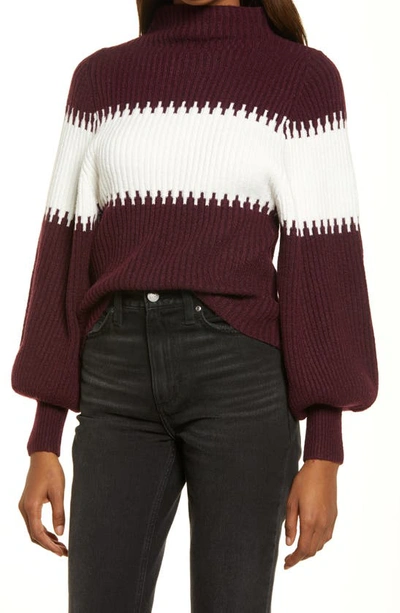 Shop French Connection Sophia Colorblock Blouson Sleeve Sweater In Evening Wine/ Winter White