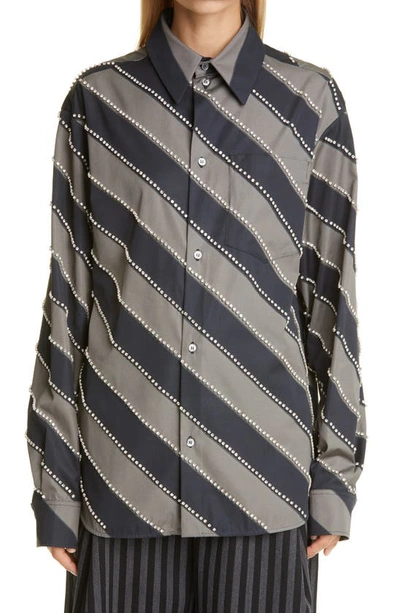 Shop Meryll Rogge Diagonal Stripe Crystal Embellished Button-up Shirt In Grey/ Black