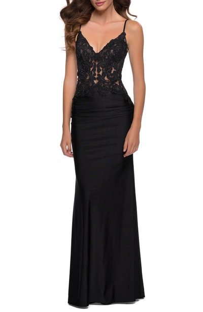 Shop La Femme Shiny Lace Gown In Black