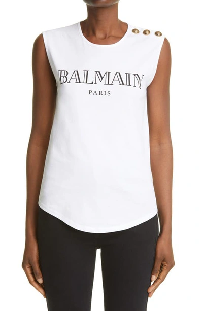 Shop Balmain Logo Button Tank Top In Blanc/ Noir Gab