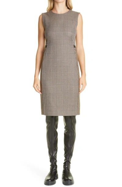Shop Akris Prince Of Wales Leather Trim Double Face Wool Sheath Dress In 434-camel-black