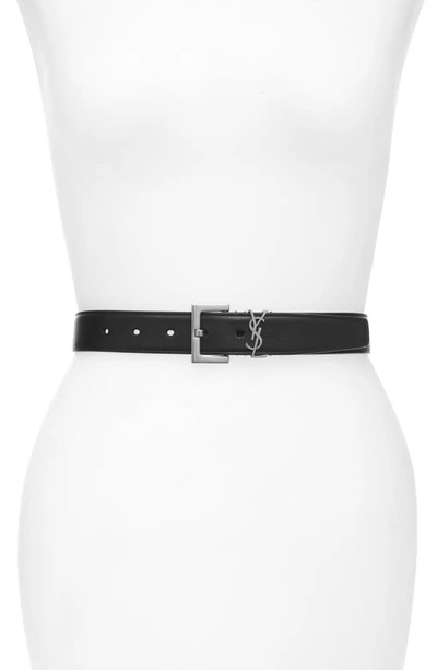 Shop Saint Laurent Laque Ysl Monogram Leather Belt In Nero