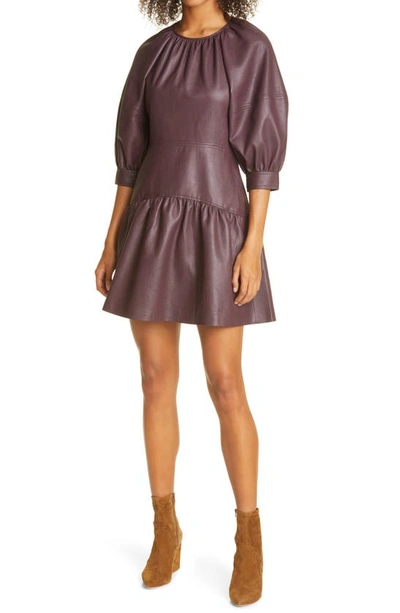 Shop Rebecca Taylor Faux Leather Puff Sleeve Dress In Port