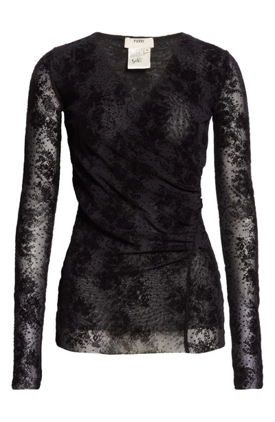 Shop Fuzzi Floral Flocked Inset Long Sleeve Top In Nero