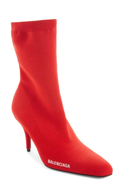 Shop Balenciaga Knife Knit Pointed Toe Bootie In Red Currant/ White