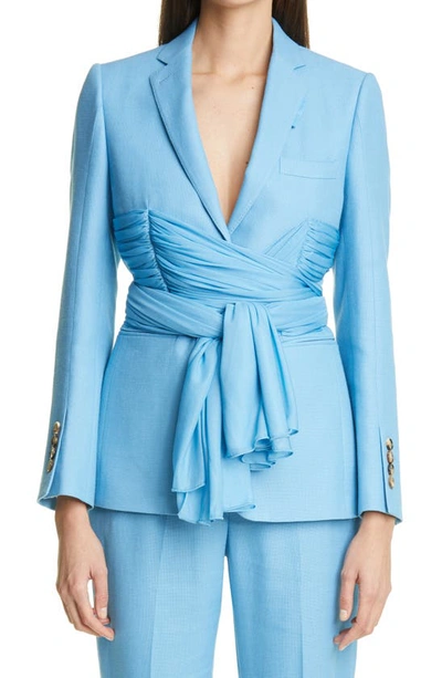 Shop Burberry Jersey Sash Detail Wool Ramie Tailored Jacket In Blue Topaz