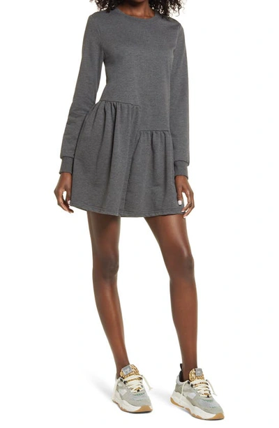 Shop English Factory Ruffle Hem Long Sleeve Knit Dress In Charcoal Grey