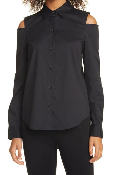 Shop Donna Karan Cold Shoulder Button-up Shirt In Black