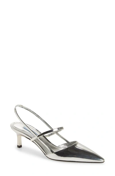 Shop Prada Logo Metallic Mary Jane Slingback Pump In Silver