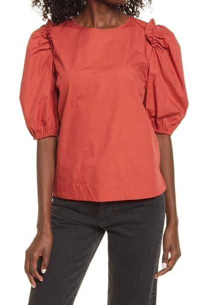 Shop English Factory Ruffle Puff Sleeve Cotton Top In Rust