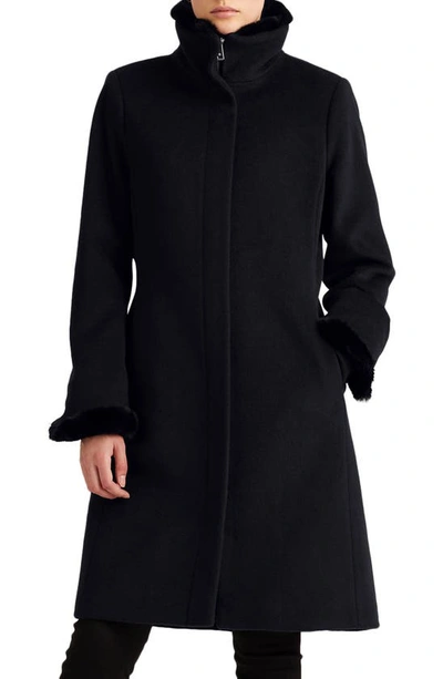 Shop Lauren Ralph Lauren Faux Fur Trim Wool Blend Coat In Regal Navy