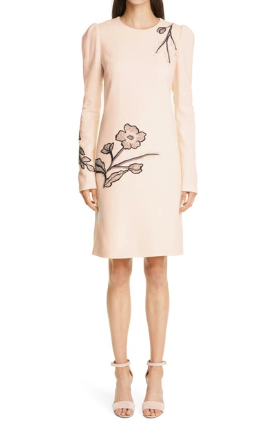 Shop Lela Rose Long Sleeve Floral Embroidered Wool Crepe Tunic Dress In Pearl/ Gunmetal