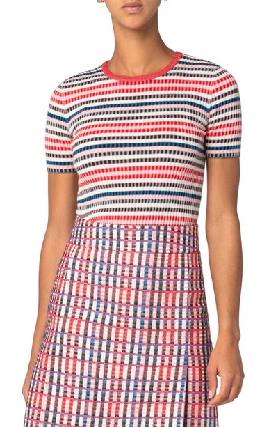 Shop Akris Punto Rib Stripe Short Sleeve Sweater In Red-soft Pink-denim-cream