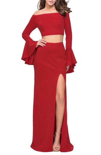 Shop La Femme Off The Shoulder Two-piece Gown In Red