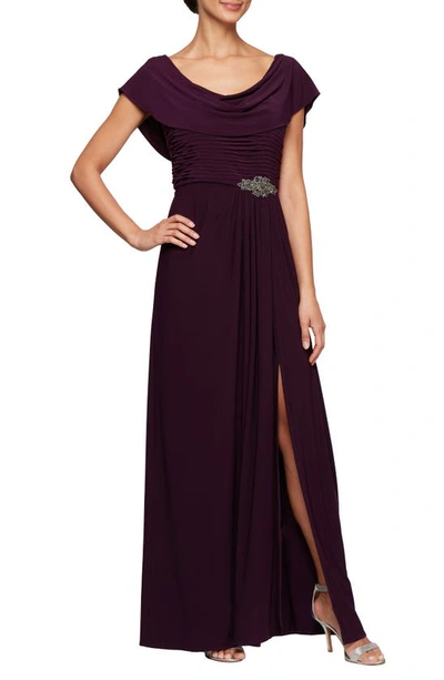 Shop Alex Evenings Cowl Neck Beaded Waist Gown In Eggplant