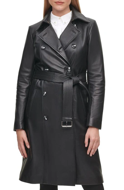 Shop Karl Lagerfeld Double Breasted Leather Trench Coat In Black