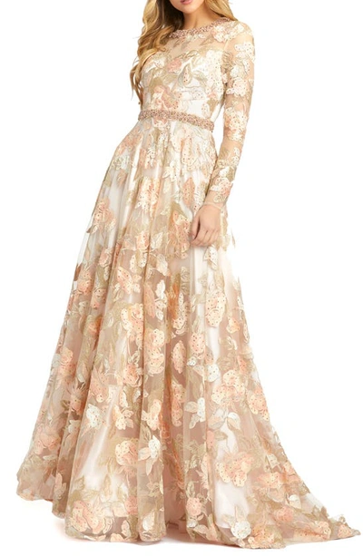 Shop Mac Duggal Floral Long Sleeve A-line Gown In Peach Romance
