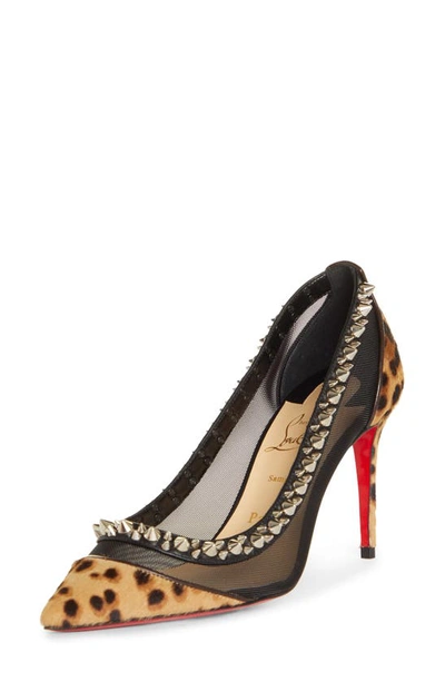 Shop Christian Louboutin Galativi Spikes Genuine Calf Hair Leopard & Mesh Pump In Brown/ Silver