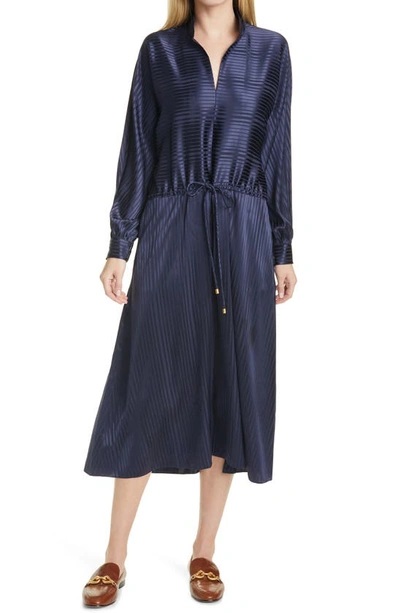 Shop Tory Burch Stripe Long Sleeve Drawstring Silk Maxi Dress In Tory Navy