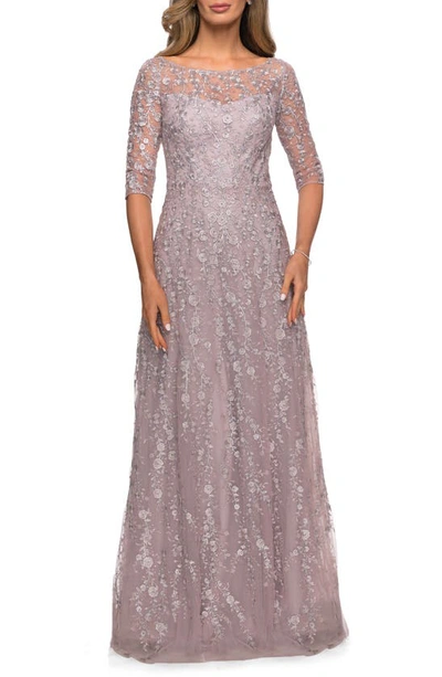 Shop La Femme Floral Embroidery A-line Gown In Orchid Pink