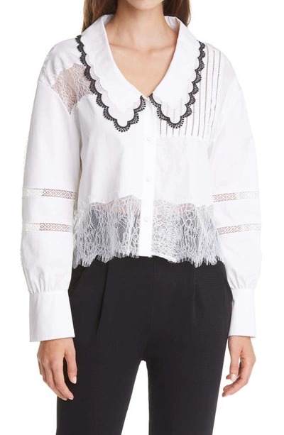 Shop Self-portrait Lace Detail Cotton Button-up Shirt In White