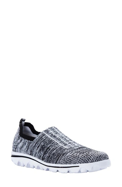 Shop Propét Travelactiv Stretch Slip-on Sneaker In Black/ Grey Fabric