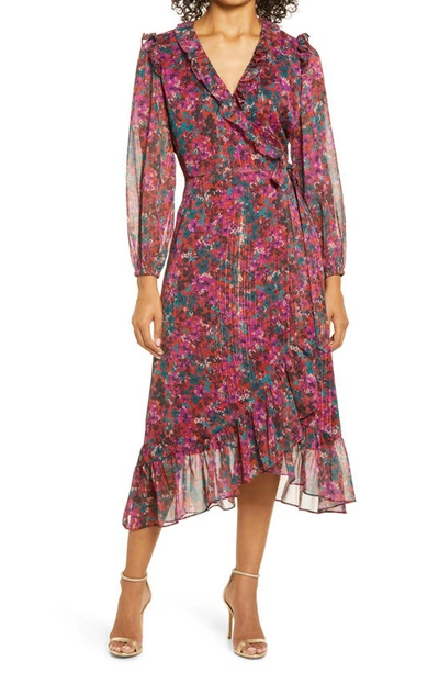 Shop Adelyn Rae Carleigh Floral Chiffon Long Sleeve Wrap Dress In Magenta Bloom