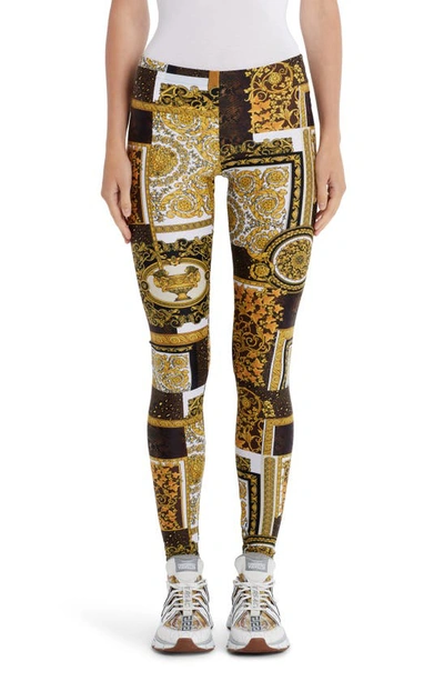 Shop Versace Barocco Patchwork Print Leggings In Gold Brown White
