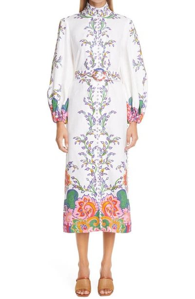 Shop Zimmermann Lovestruck Floral Button-up Long Sleeve Linen Midi Dress In Natural Paisley Floral