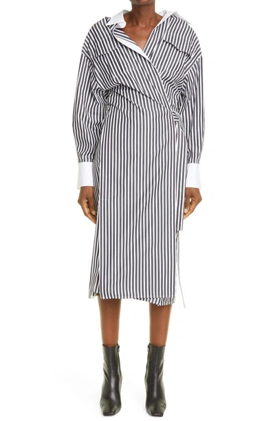 Shop Proenza Schouler Stripe Long Sleeve Stretch Cotton Wrap Shirtdress In Black/ White