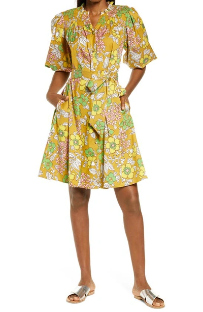 Tory Burch Belted Shirred Floral-print Cotton-blend Mini Dress In Yellow |  ModeSens