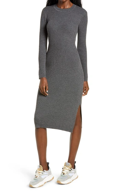 Shop All In Favor Ribbed Long Sleeve Midi Dress In Charcoal