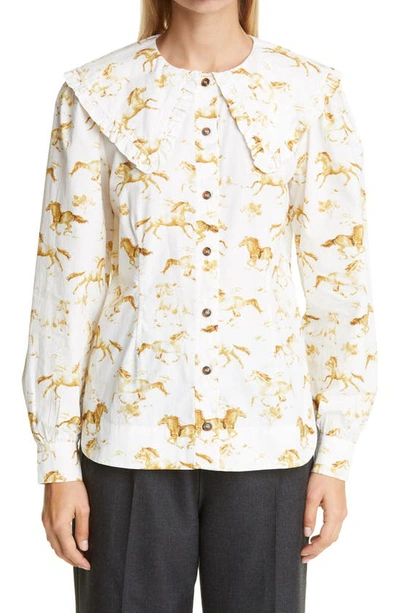 Shop Ganni Horse Print Ruffle Collar Organic Cotton Poplin Shirt In Cognac