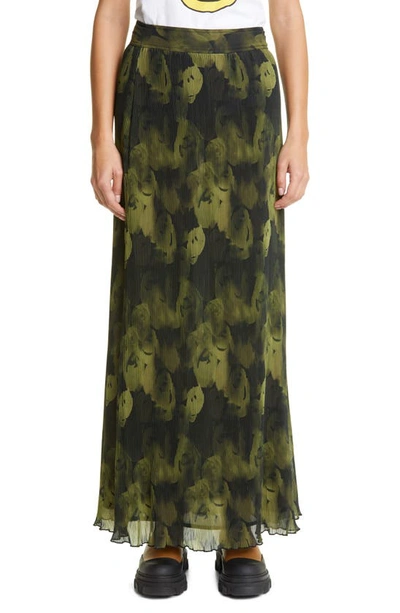 Shop Ganni Floral Print Plisse Pleated Georgette Maxi Skirt In Olive Drab