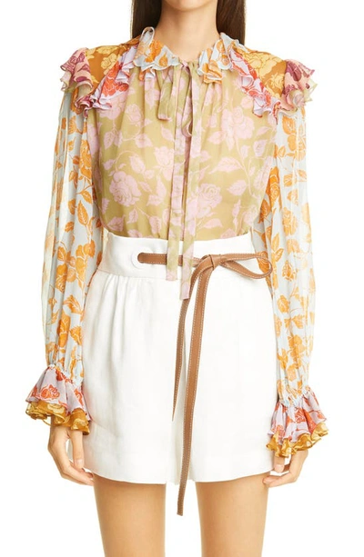 Shop Zimmermann The Lovestruck Floral Ruffle Silk Blouse In Mixed Roses