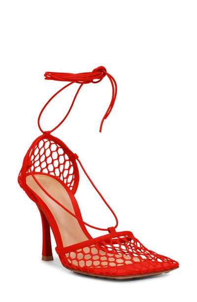 Bottega Veneta Lace-up Leather-trimmed Mesh Pumps In Tomato