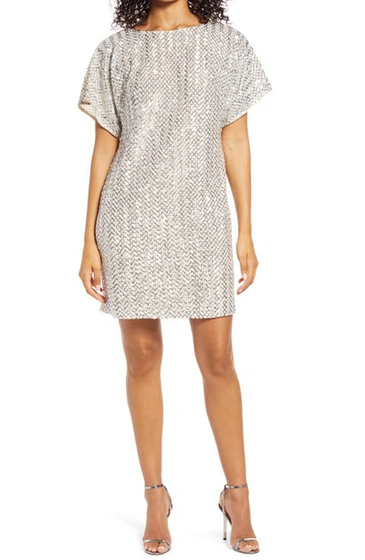 Shop Vince Camuto Sequin Short Sleeve Shift Dress In Champagne