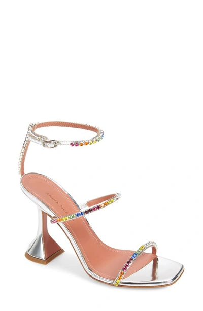 Shop Amina Muaddi Gilda Sunset Rainbow Ankle Strap Sandal In Silver Half Rainbow