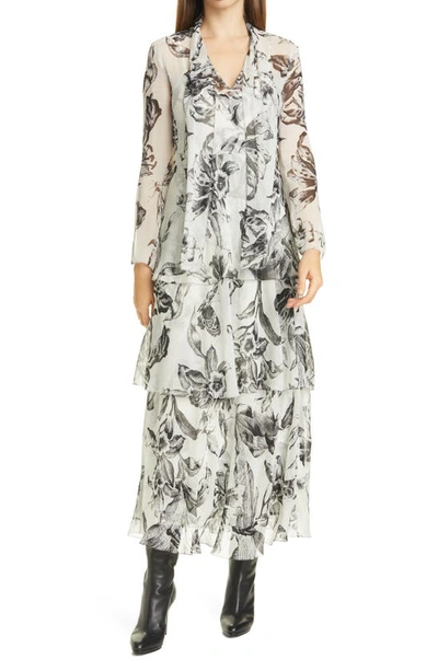 Shop Diane Von Furstenberg Floral Tiered Long Sleeve Silk Dress In Tolac