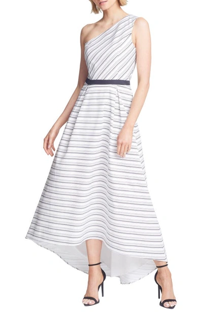 Shop Halston Heritage Mix Stripe One-shoulder High/low Gown In Chalk/ Blk Delicate