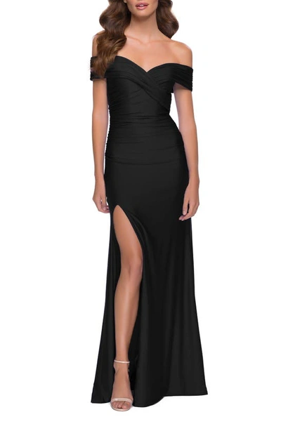 Shop La Femme Off The Shoulder Stretch Jersey Gown In Black