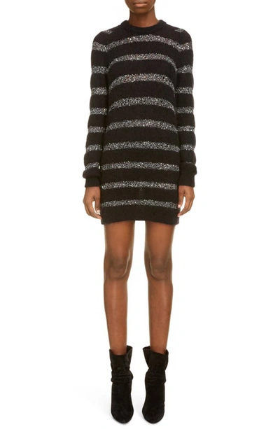 Shop Saint Laurent Sequin Stripe Long Sleeve Mini Sweater Dress In Noir/ Argent