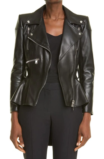 Shop Alexander Mcqueen Peplum Leather Moto Jacket In Black