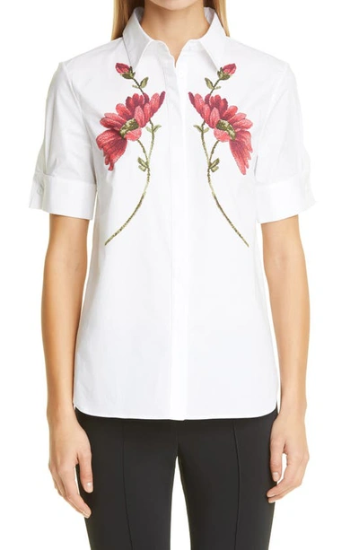 Shop Adam Lippes Floral Print Stretch Poplin Shirt In White Small Daisy